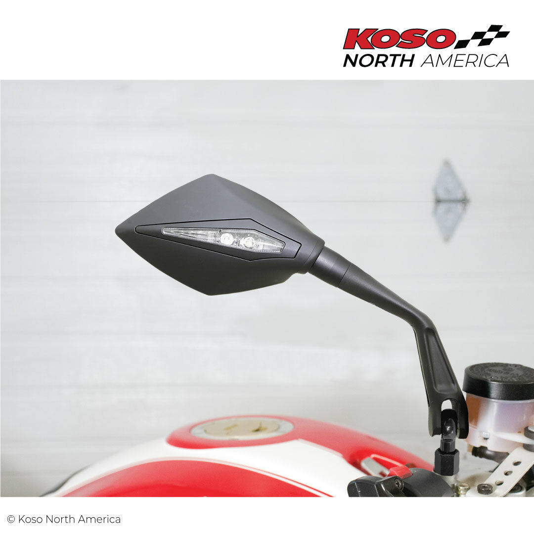 KOSO Apex M10 Mirrors with Indicators for Motorcycle - Matte Black Shell, Clear Lens, M10 Size