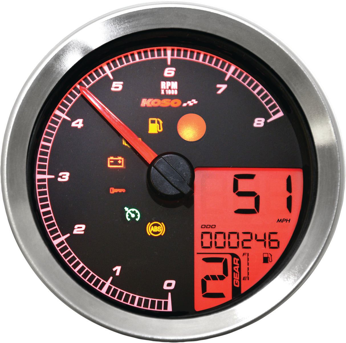 KOSO BA051201 Speedo / Tach Silver Bezel LCD Color Change Display for Harley Davidson XL883N, XL883L, Softail, Dyna, and Sportster Models