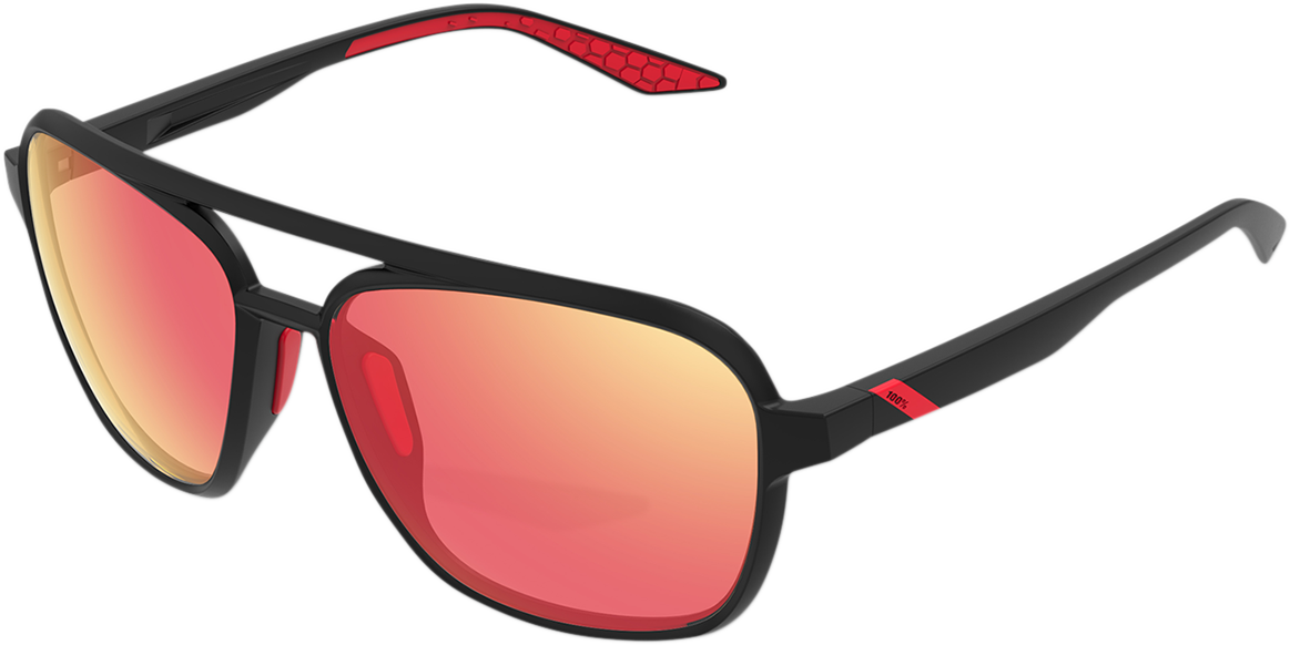 100% Kasia Aviator Sunglasses - Round Soft Tact Black Frame with HiPER Red Multilayer Mirror Lens for Motorcycle and Sports Vehicles