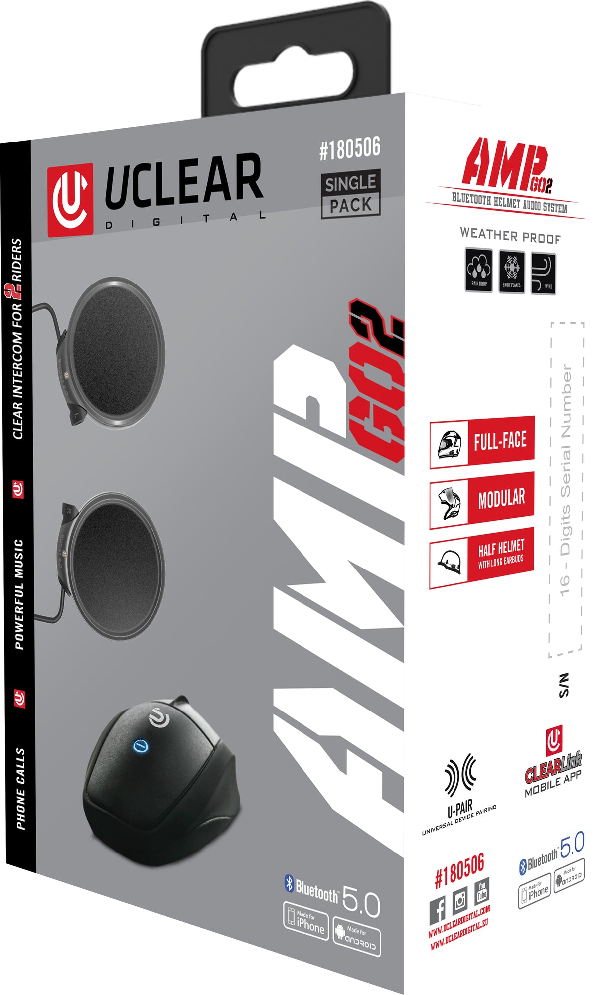 UCLEAR AMP GO2 Bluetooth Helmet Audio System with 2-Rider Intercom for Full Face and Modular Helmets