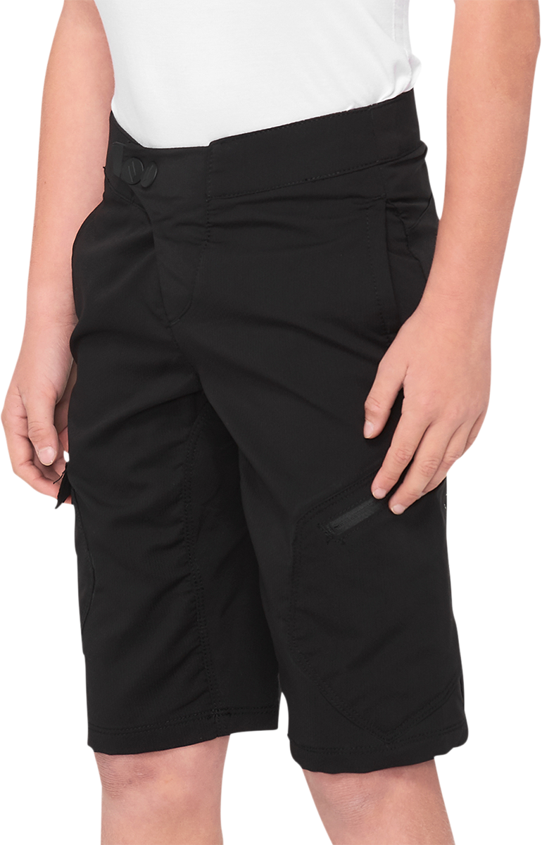 100% Youth Ridecamp Shorts - Black, Part Number 40033-00003, US Size 28, Ideal for BMX, Mountain Biking, and Cycling Adventures
