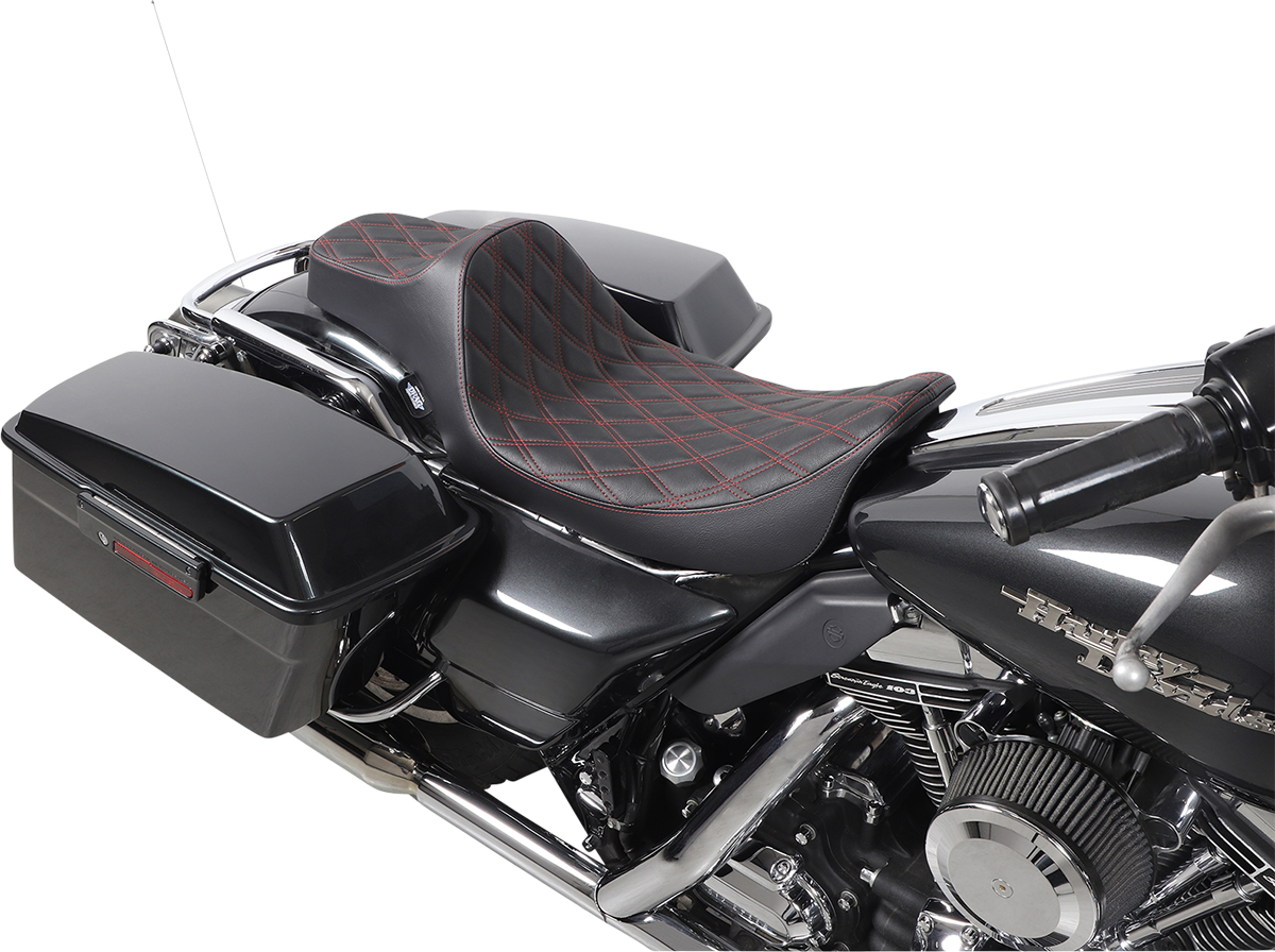 Drag Specialties Seats Extended Reach Predator III Seat for Harley FL '99-'07 with Double Diamond Black and Red Stitching