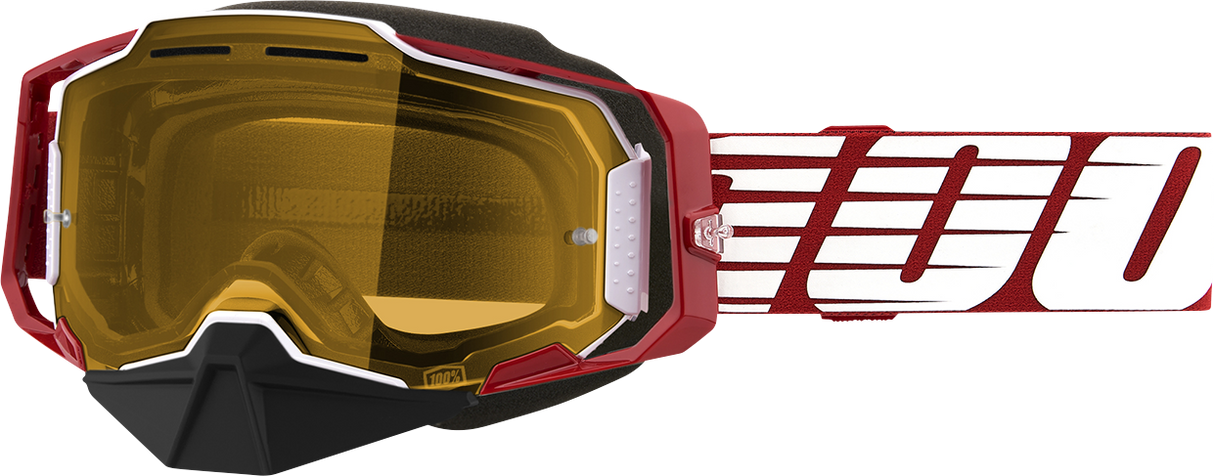 100% Armega Snow Goggle - Oversized Deep Red Frame with Yellow Lens for Ski and Snowboard Helmets