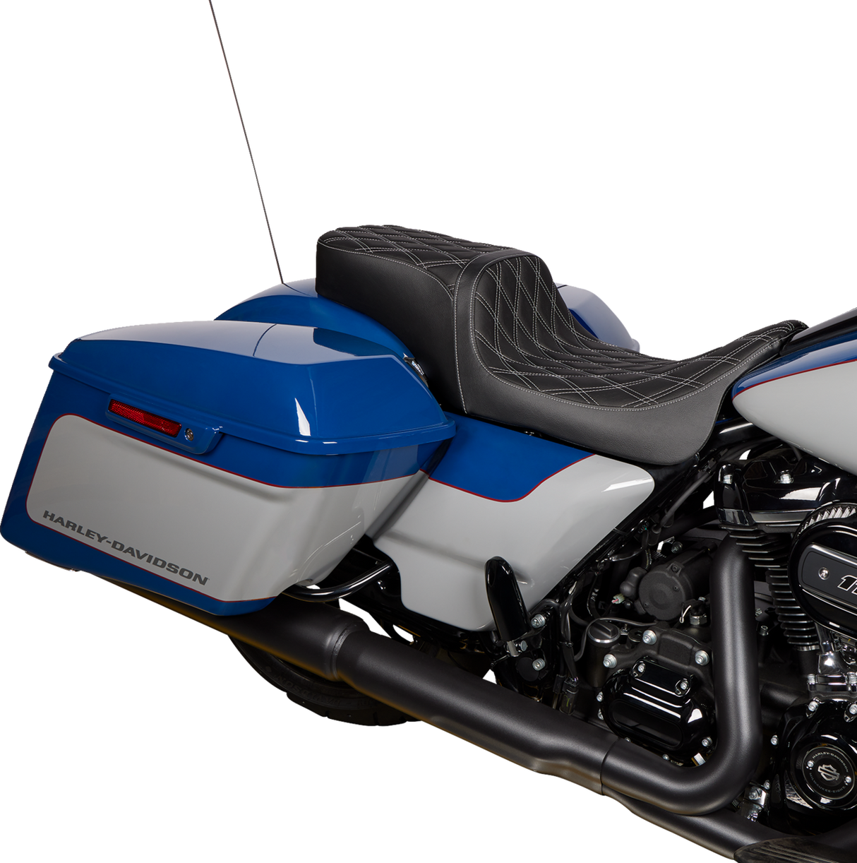 Drag Specialties Seats Predator 2-Up Seat for Harley FL '08-'23 - Vinyl with Double Diamond Silver Stitch - Fits Touring Models