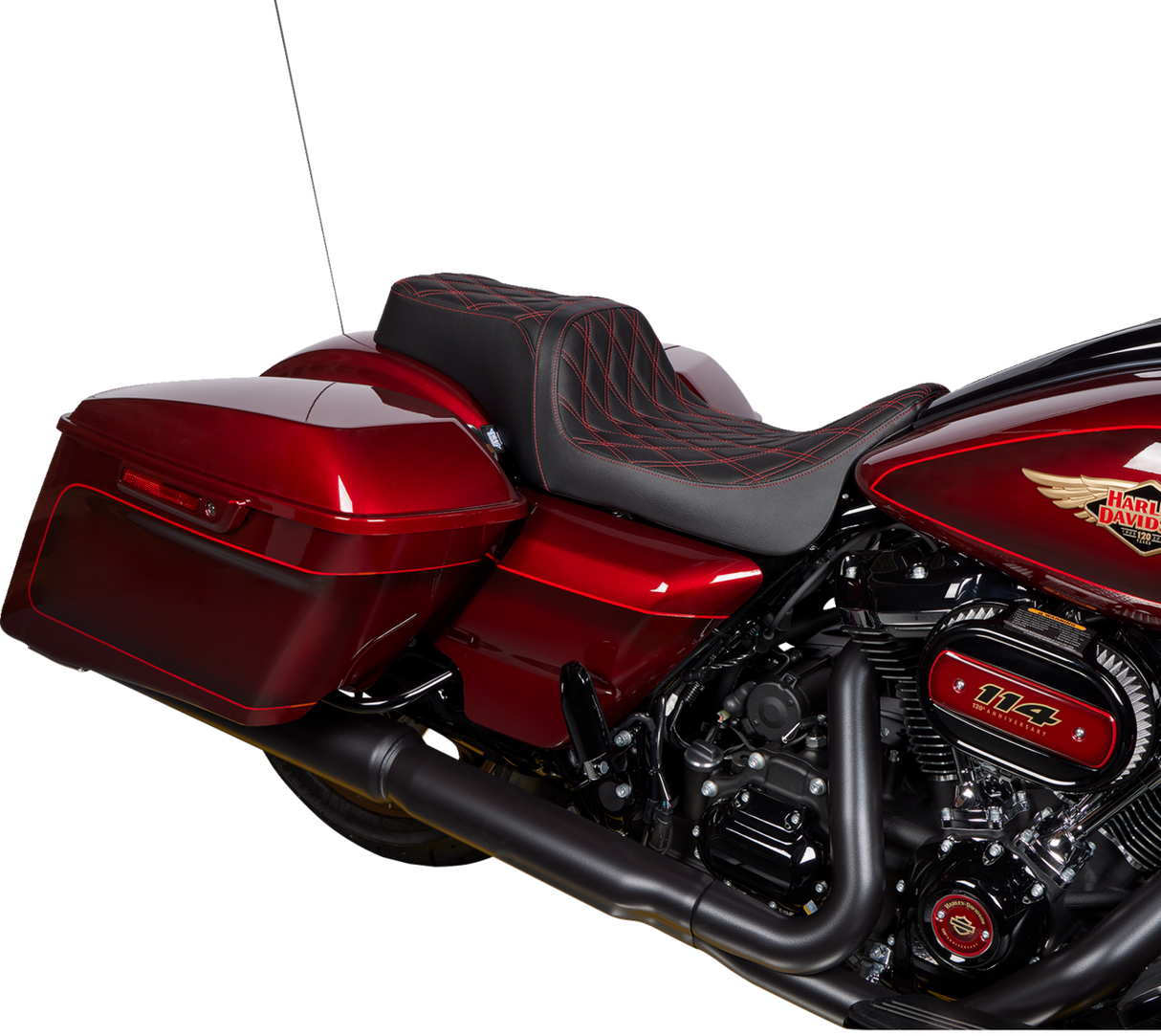 DRAG SPECIALTIES SEATS Predator 1Up Seat for Harley FLH 2008-2023 with Vinyl Cover and Double Diamond Red Stitch