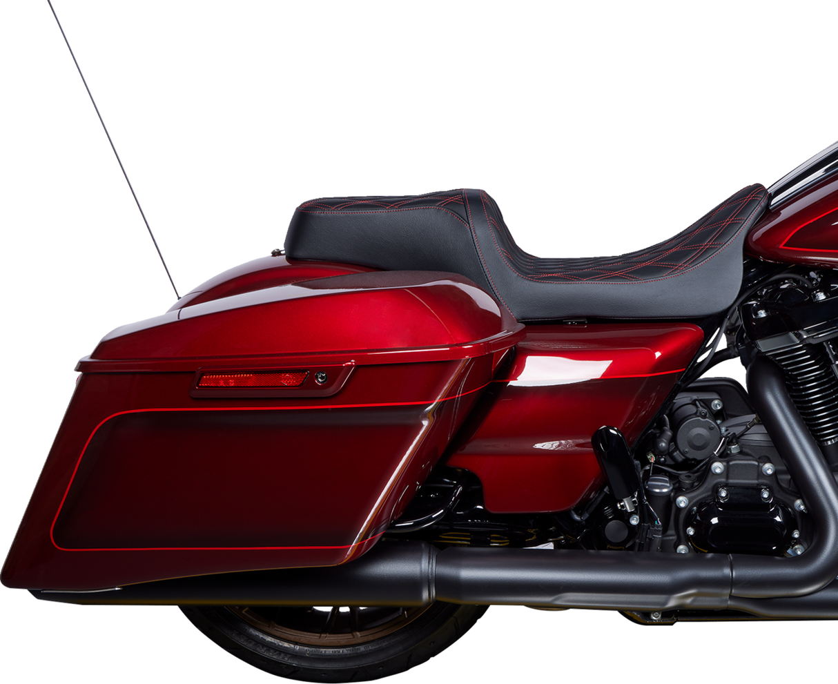 DRAG SPECIALTIES SEATS Predator 1Up Seat for Harley FLH 2008-2023 with Vinyl Cover and Double Diamond Red Stitch