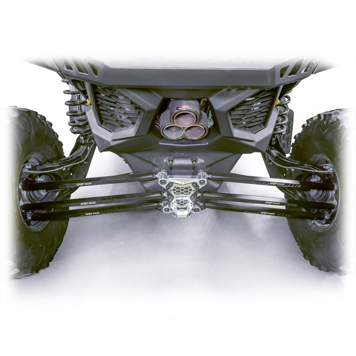 Installed barrel radius rod kit under rear control arm of Maverick X3 Full view