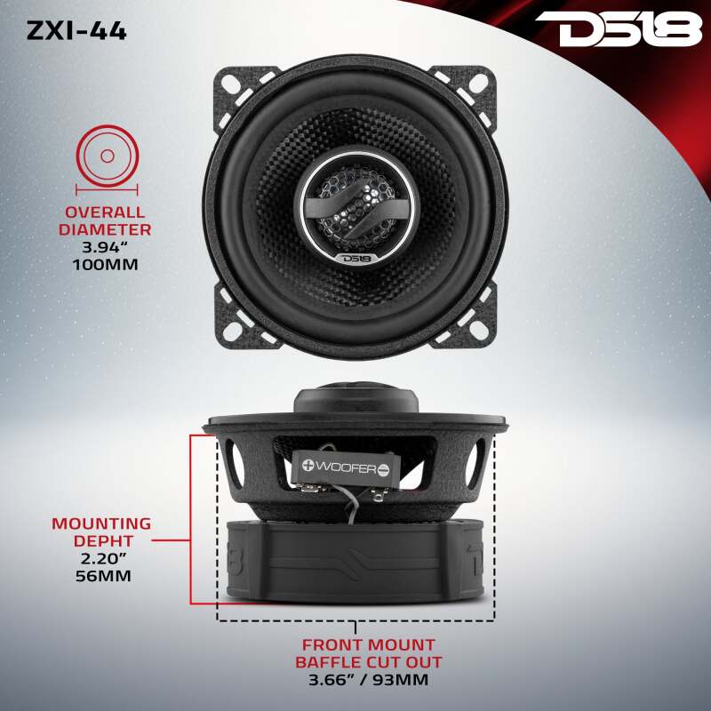 DS18 ZXI-44 4-Inch 50W RMS 2-Way Coaxial Car Speakers with Kevlar Cones for Automotive Applications