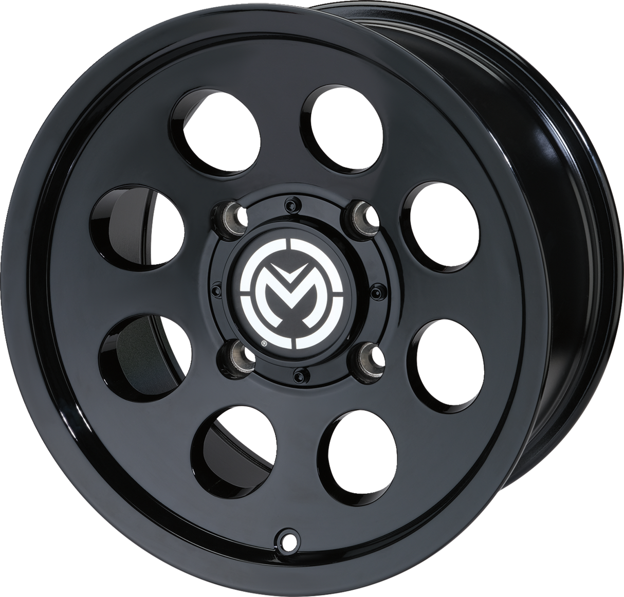 Moose Offroad 26x7 Inch Front Wheel with Black Finish - 4x110 Bolt Pattern, 4+3 Offset, Fits Jeep, Toyota, Ford Vehicles - Part Number 26MO127110GB4