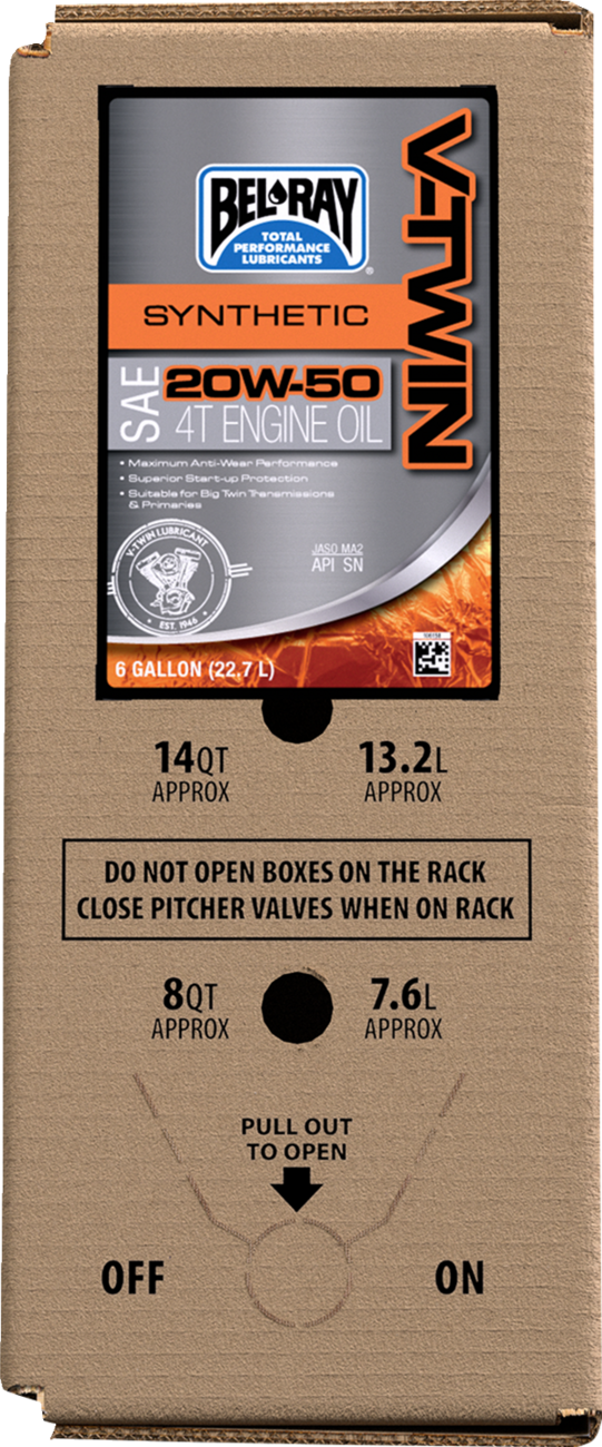 BEL-RAY V-Twin Synthetic Oil 20W-50 Part 303133150033 for Harley-Davidson Twin Cam & M8 Engines - 6 Gallon Bag-In-Box