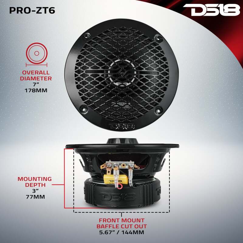 DS18 PRO-ZT6 6.5-Inch Coaxial Loudspeaker – 225 Watts RMS, 4 Ohm, Water-Resistant Mid-Range Speaker for Car Marine Marine Vehicles
