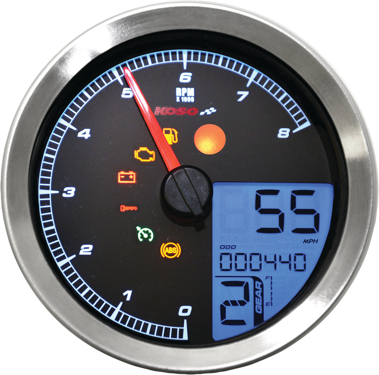 KOSO BA051201 Speedo / Tach Silver Bezel LCD Color Change Display for Harley Davidson XL883N, XL883L, Softail, Dyna, and Sportster Models
