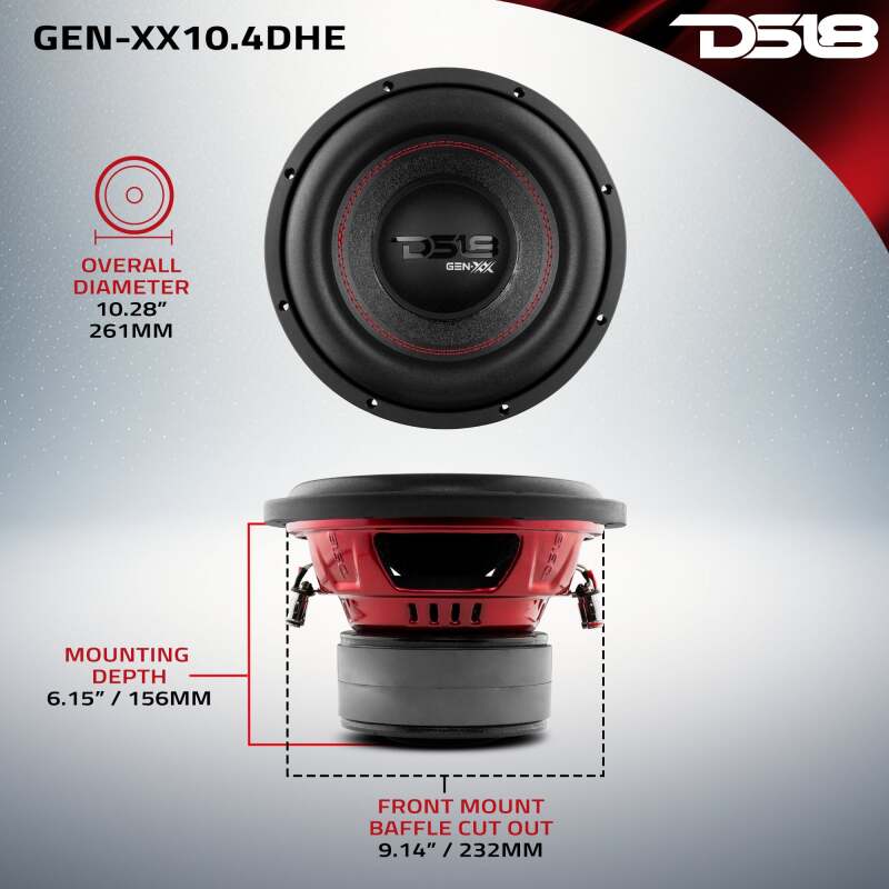 DS18 GEN-XX10.4DHE 10-Inch 500W RMS Dual 4-Ohm DVC High Excursion Subwoofer for Car Audio