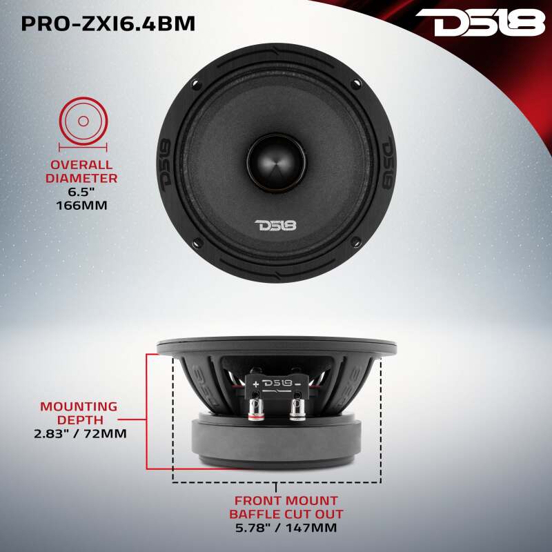 DS18 PRO-ZXI6.4BM 6.5-Inch 300 Watts RMS Mid-Range Loudspeaker for Car Audio - Fits Most Vehicles
