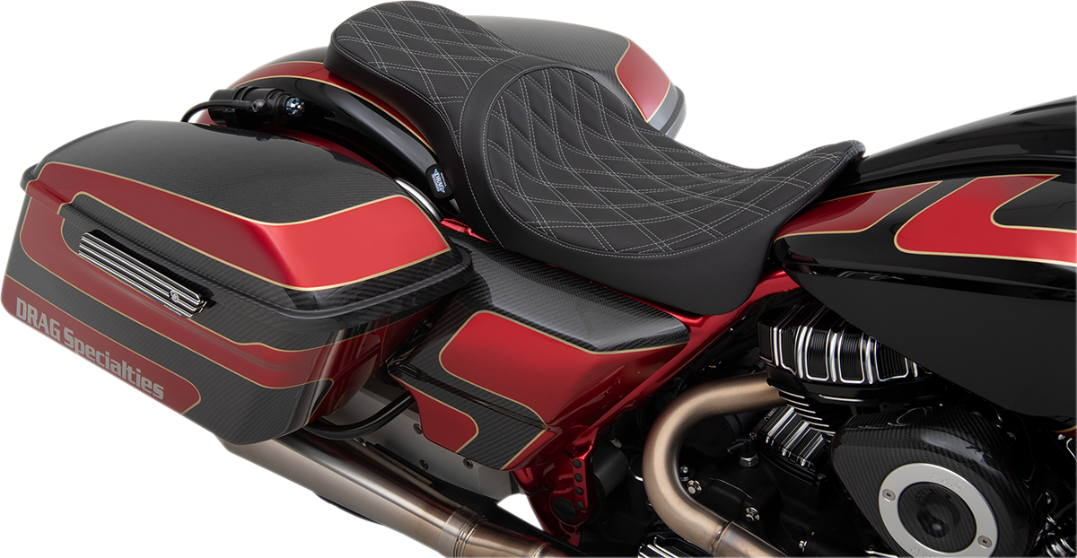 Drag Specialties Seats Forward Positioned Predator 2-Up Seat for Harley-Davidson FL 2008-2023 - Double Diamond Silver Stitching
