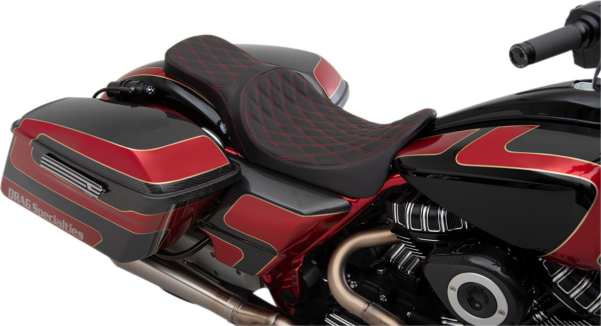 Drag Specialties Seats Forward Positioned Predator 2-Up Seat for Harley FL 2008-2023, Double Diamond Red Stitched - Part #0801-1267
