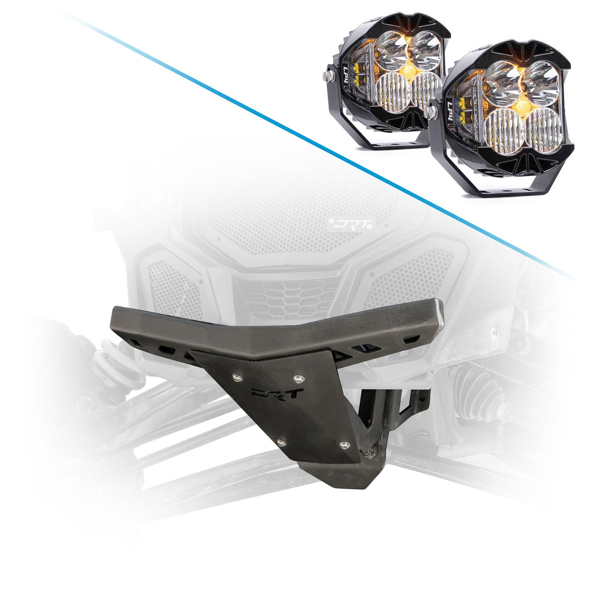 Steel replacement bulkhead with bumper assembly for Can-Am Maverick X3 adds front end strength and Baja Designs Squadron LED Auxiliary Light Pods 3x3 inch