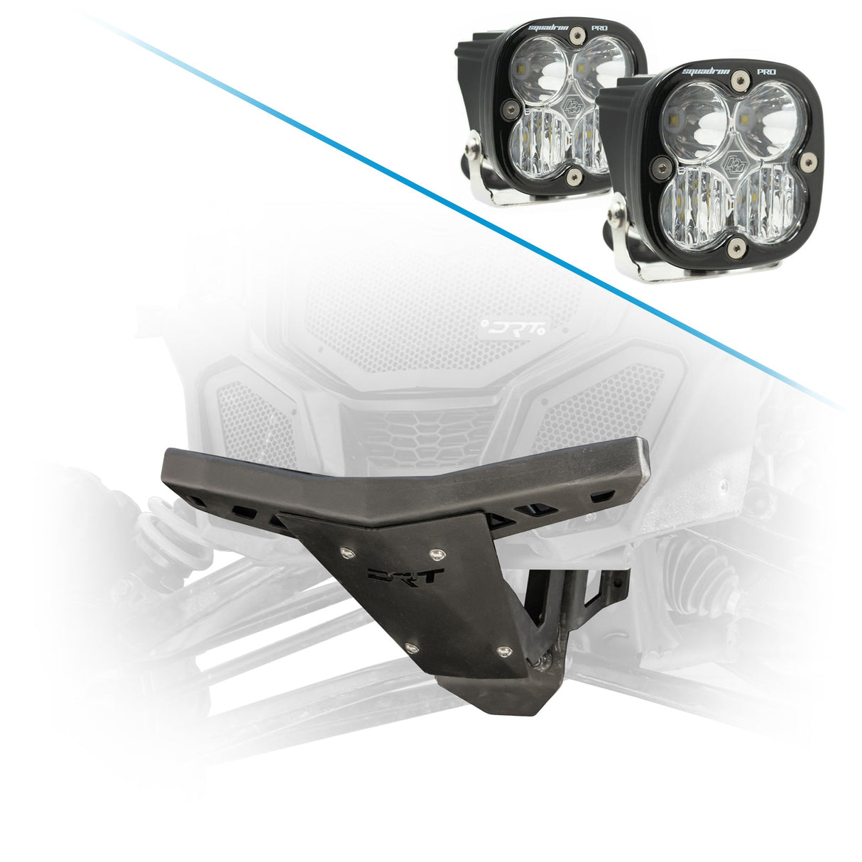 Front-end protection kit for Can-Am Maverick X3 2017+ DRT bumper with bulkhead reinforcement and Baja Designs XL80 LED Auxiliary Light Pods