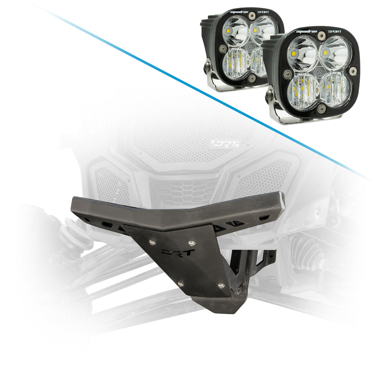 Durable front bumper and bulkhead kit for Maverick X3 2017+ enhances suspension support and stability and Baja Designs XL80 LED Auxiliary Light Pods