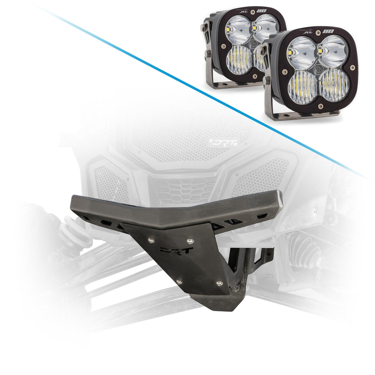 Durable front bumper and bulkhead kit for Maverick X3 2017+ enhances suspension support and stability and Baja Designs Squadron LED Auxiliary Light Pods 3x3 inch