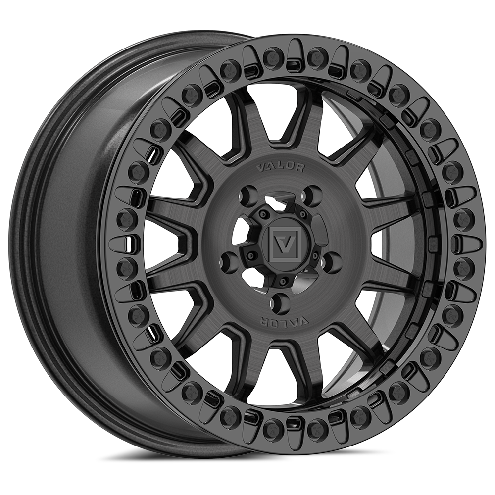 Alpha V09 (Brushed Charcoal) Wheel & Tire Package | Valor Offroad