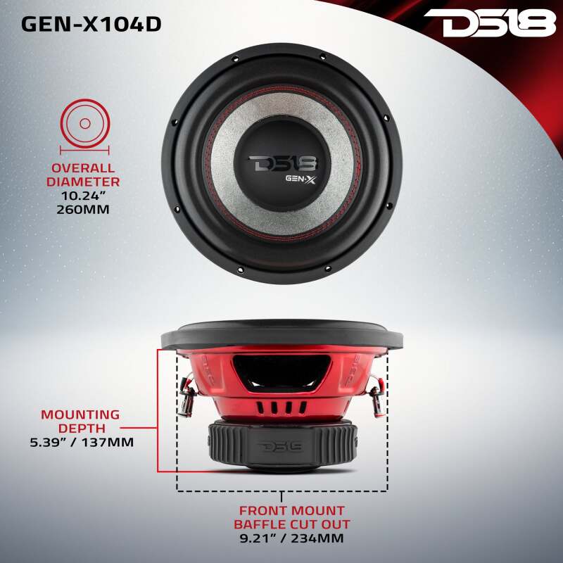DS18 GEN-X104D 10-inch 400W RMS Dual Voice Coil Subwoofer for Car Audio with Ferrite Motor
