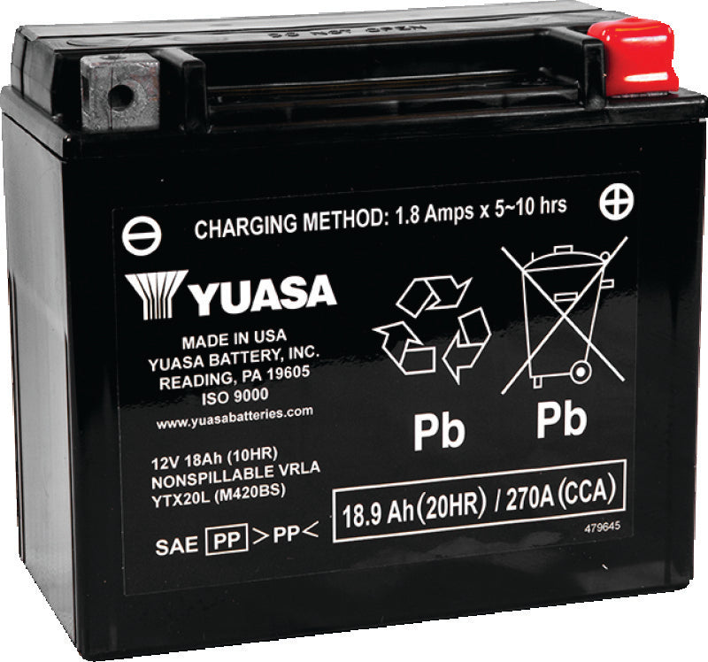 Yuasa YTX20L-BS Maintenance Free AGM 12-Volt Battery w/Bottle