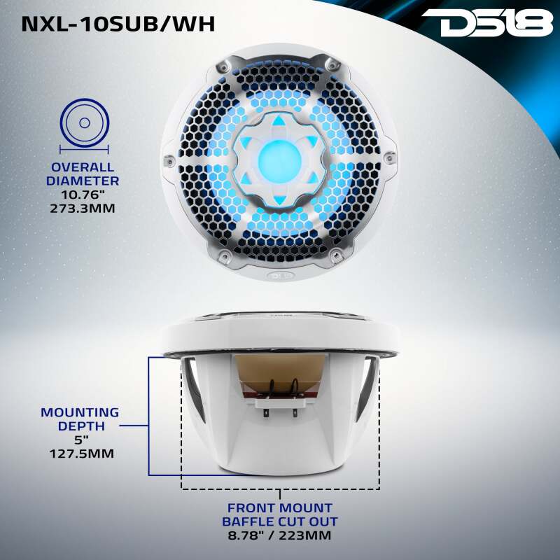 DS18 NXL-10SUB/WH 10-Inch Subwoofer with Enclosure - 300 Watts RMS, 4 Ohm Single Voice Coil, White for Powersports Vehicles