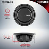 DS18 PSW10.4D 10-Inch 500 Watts RMS Dual 4 Ohm Water-Resistant Shallow Mount Subwoofer for Automotive Use