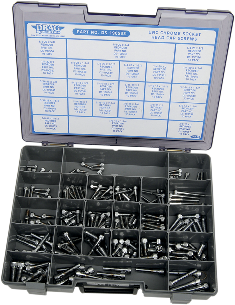 Drag Specialties MK202 Socket-Head Bolt Assortment Kit for Harley-Davidson and Custom Motorcycles - 24 Sizes, Coarse-Thread, Made in USA
