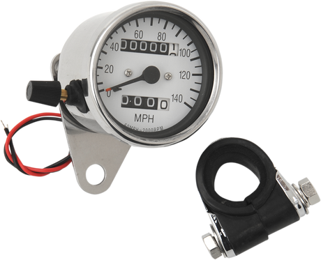 DRAG SPECIALTIES 2.4-inch MPH Mini LED Mechanical Speedometer with Indicators and Trip - Chrome Housing, White Face, 2:1 Gear Ratio for Harley-Davidson Motorcycles