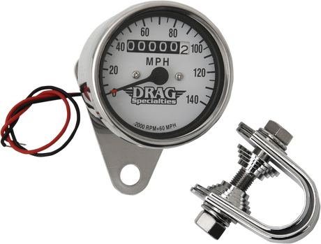 DRAG SPECIALTIES 2.4" MPH Mini LED Mechanical Speedometer with Chrome Housing and White Face - Fits Harley-Davidson Motorcycles with 12mm Cable Thread - Part Number 21-6825DS1-BX15