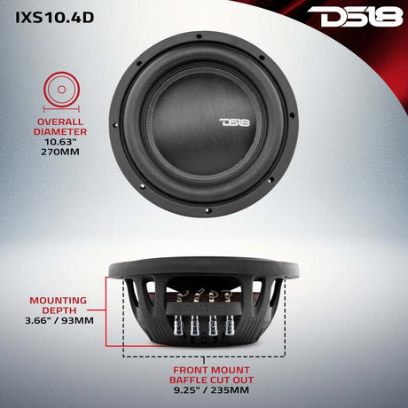 DS18 IXS Series 10-inch 600W RMS Shallow Mount Fiber Glass Subwoofer - Fits Most Car Trunks and Cargo Areas