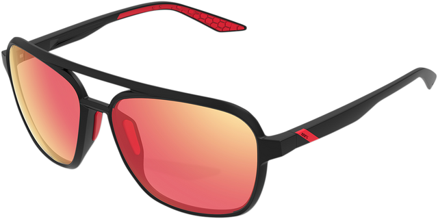 100% Kasia Aviator Sunglasses - Round Soft Tact Black Frame with HiPER Red Multilayer Mirror Lens for Motorcycle and Sports Vehicles