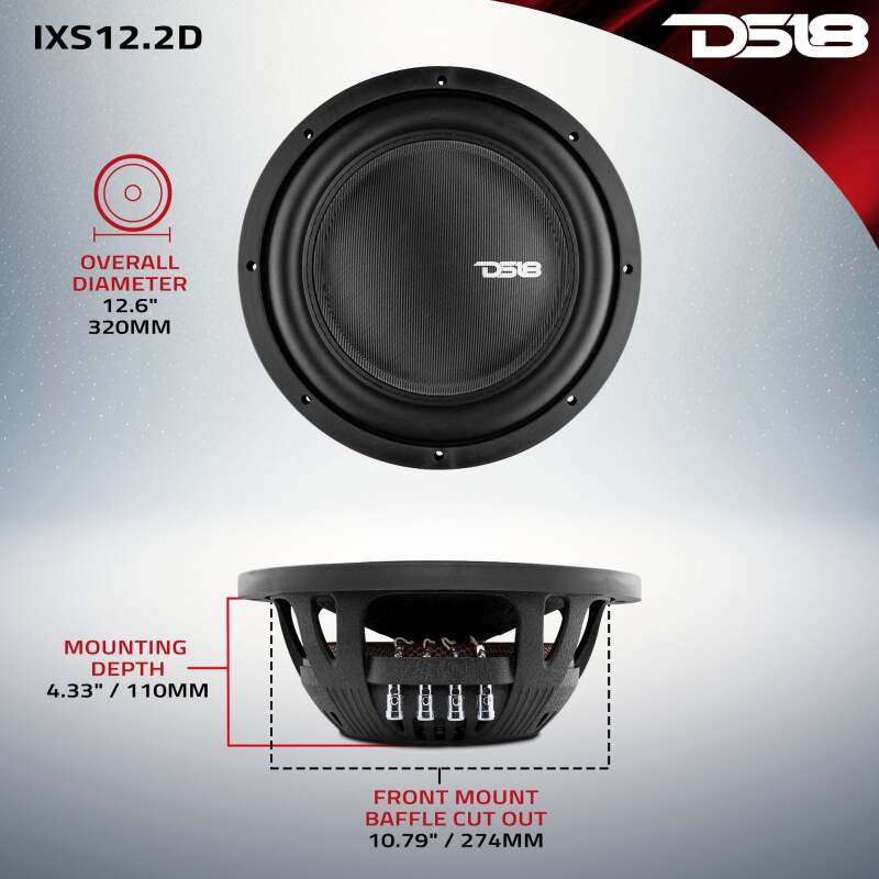 DS18 IXS12.2D 12-Inch 800 Watts RMS Dual 2 Ohm Shallow Mount Fiberglass Subwoofer for Car Audio System