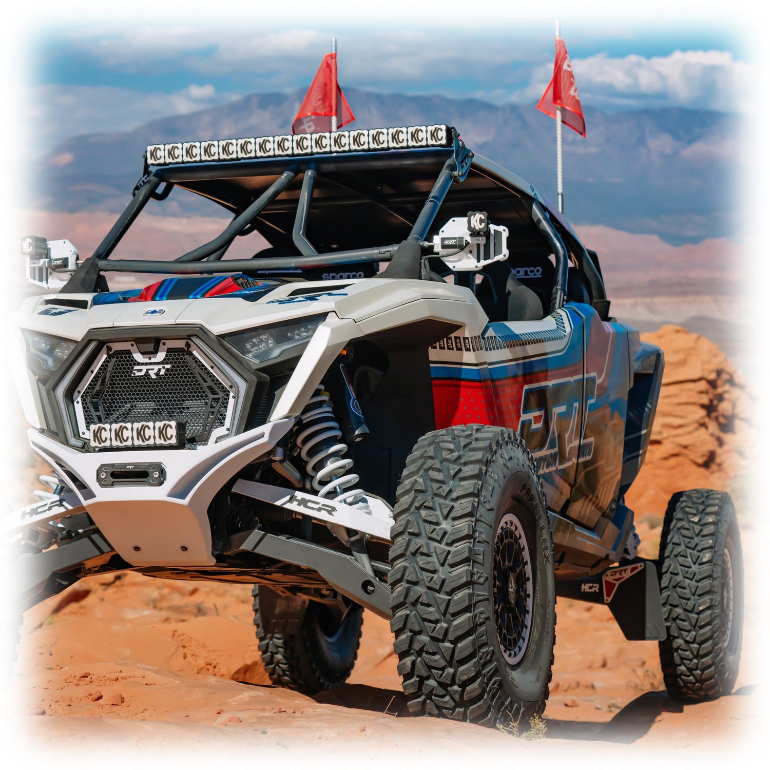 DRT Polaris RZR Pro R /Pro S/Turbo R 2022+ on sand with the V2.0 Front Winch Bumper on white