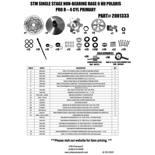 Polaris RZR Pro R Single Stage Non-Bearing Rage 6 HD Primary Clutch | STM