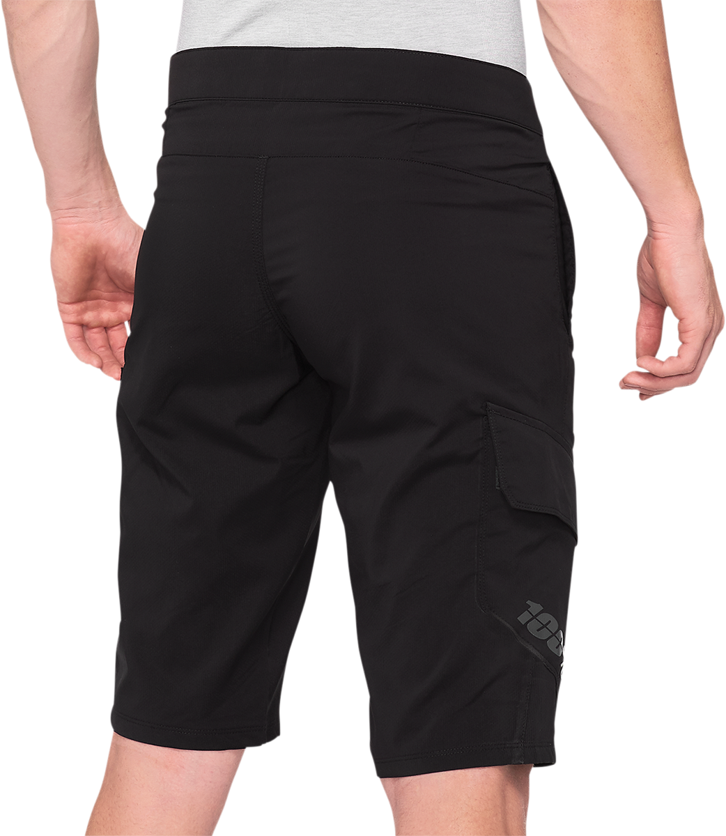 100% Ridecamp Shorts - Black, US 36 with Adjustable Waist, Reflective Tape, and Cargo Pockets