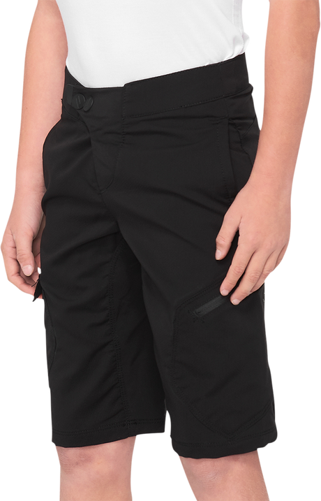 100% Youth Ridecamp Shorts - Black, Part Number 40033-00003, US Size 28, Ideal for BMX, Mountain Biking, and Cycling Adventures