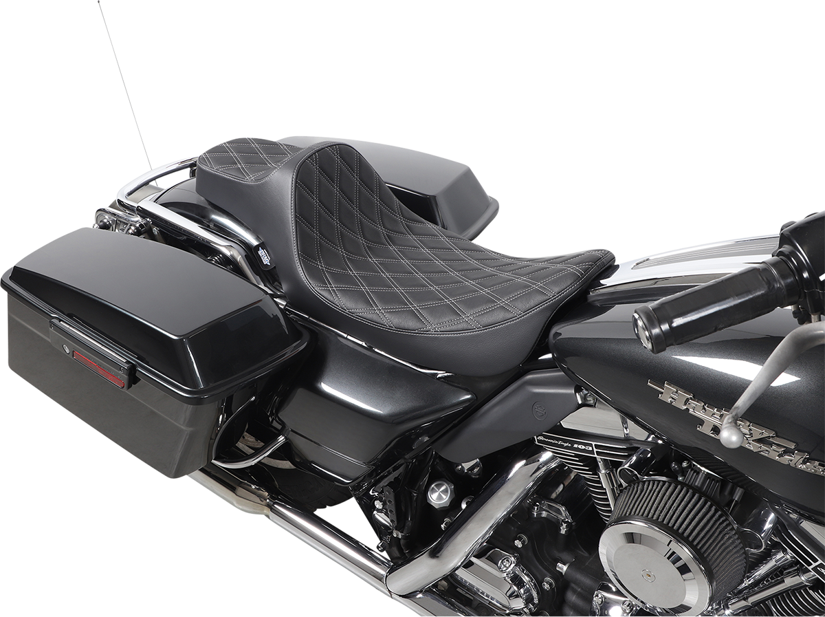 Drag Specialties Seats Extended Reach Predator III Seat for Harley FL Models 1999-2007 - Black with Silver Stitching