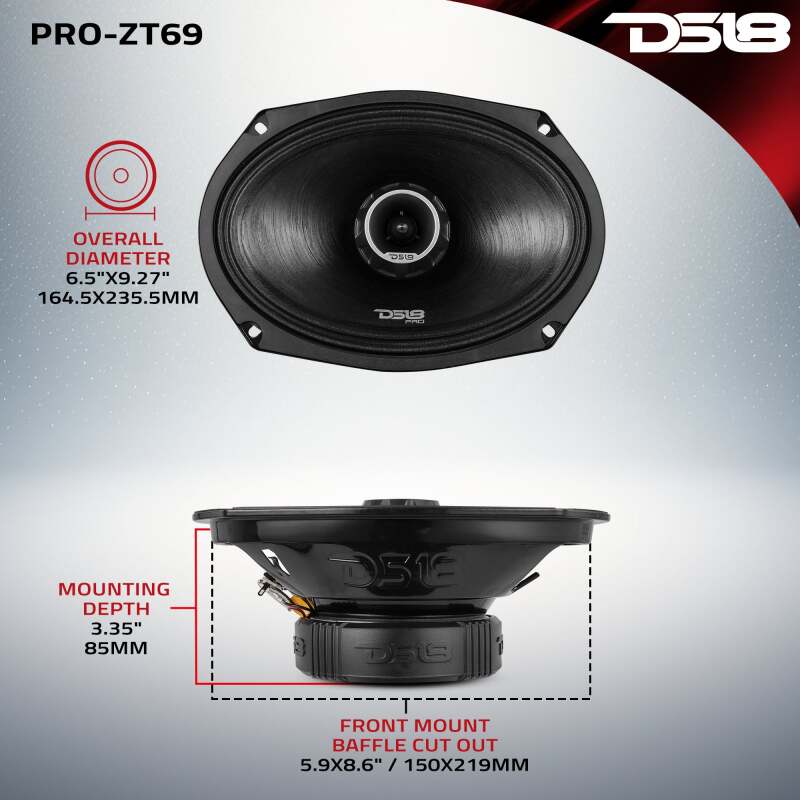 DS18 PRO-ZT69 6x9 Inch Coaxial Loudspeaker – 275 Watts RMS, 4 Ohm, Water-Resistant Mid-Range Speaker for Car Audio