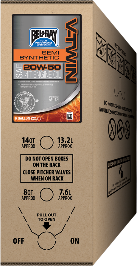 BEL-RAY V-Twin Semi-Synthetic 20W-50 Motorcycle Oil - Suitable for Twin Cam and M8 Engines, 6 Gallon Bag-In-Box