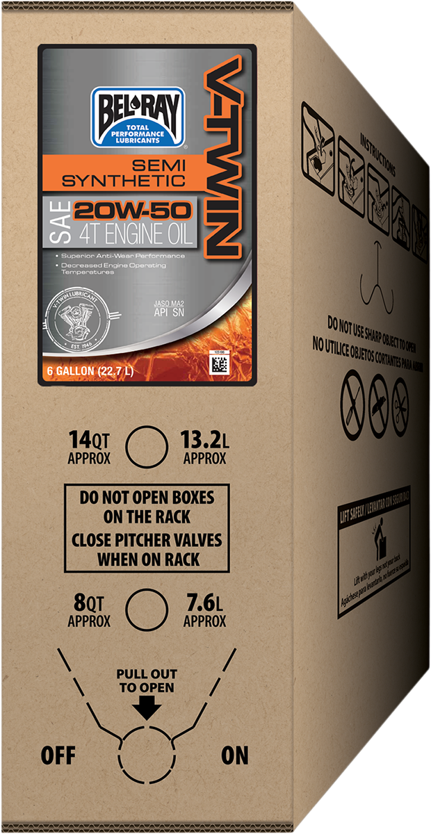 BEL-RAY V-Twin Semi-Synthetic 20W-50 Motorcycle Oil - Suitable for Twin Cam and M8 Engines, 6 Gallon Bag-In-Box