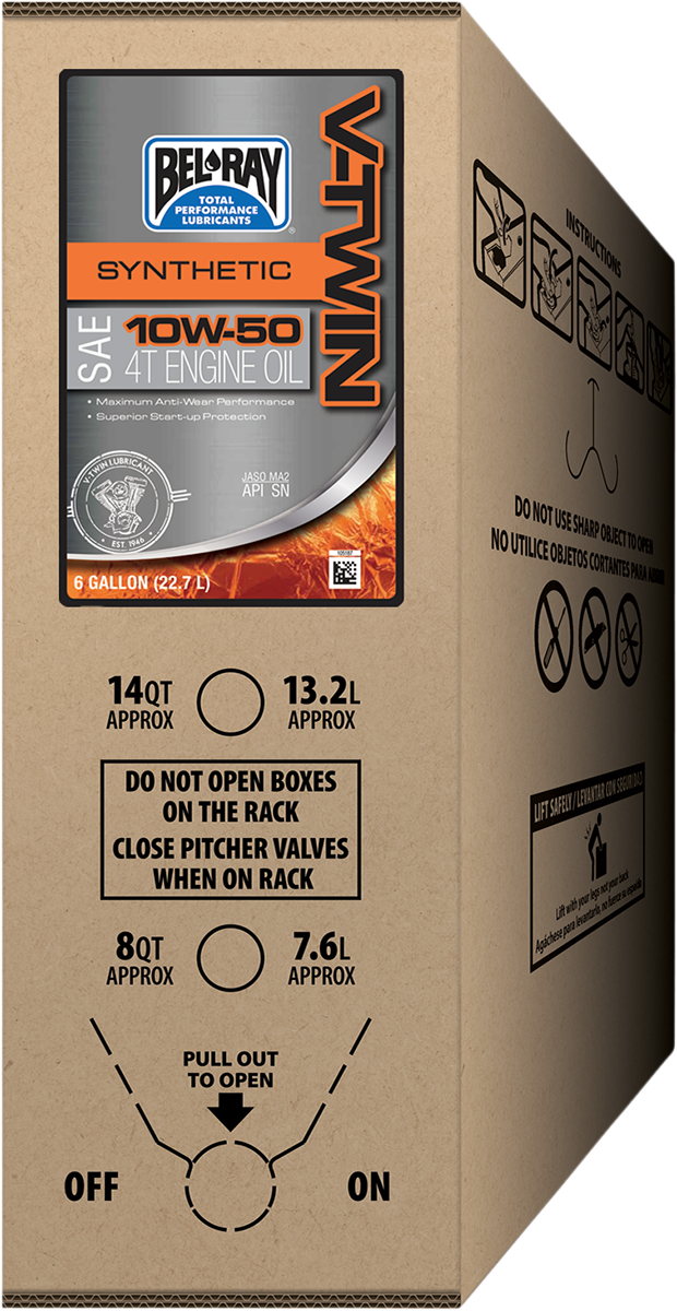 BEL-RAY V-Twin Synthetic Oil 10W-50 for Harley-Davidson Twin Cam & M8 Engines - 6 Gallon Bag-In-Box