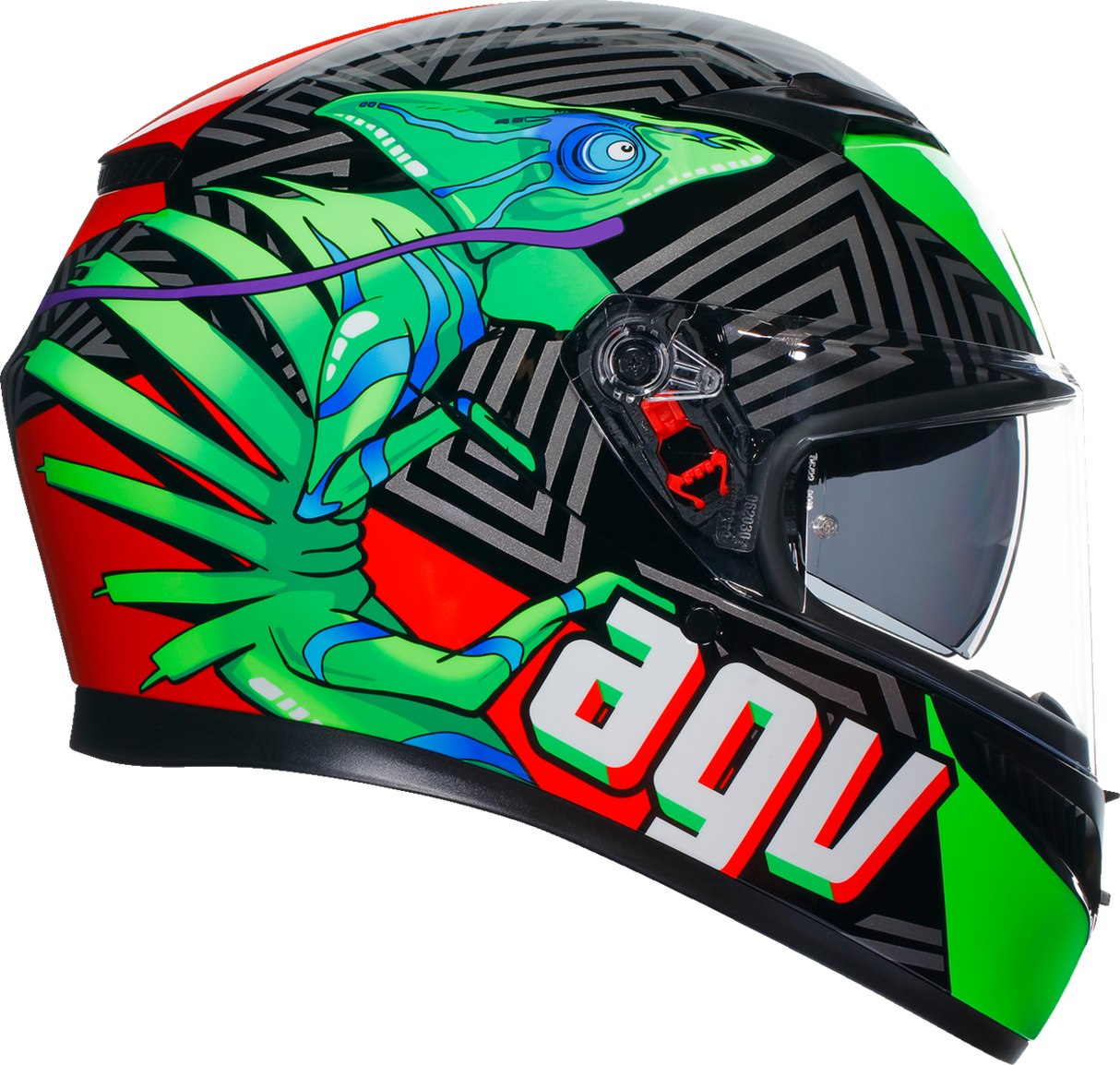 AGV K3 Helmet Kamaleon Black/Red/Green – XL – Durable Motorcycle Helmet with Pinlock® Lens and Ventilation System for Sport and Touring Bikes