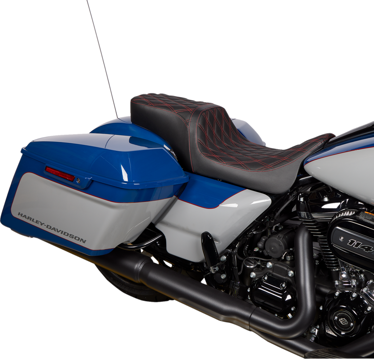 Drag Specialties Seats Predator 2-Up Seat for Harley FL 2008-2023 with Double Diamond Red Stitch and Vinyl Finish