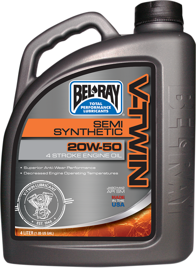 BEL-RAY V-Twin Semi-Synthetic Oil 20W-50, 4L (Part No. 96910-BT4) - Compatible with Harley Davidson Twin Cam and M8 Engines