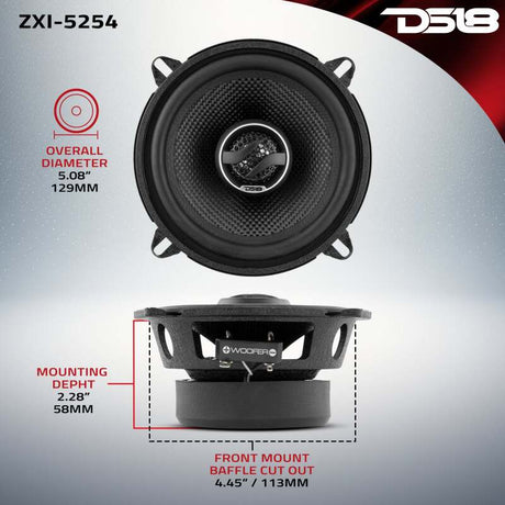 DS18 ZXI-5254 5.25-inch 60W RMS 2-Way Coaxial Car Speakers with Kevlar Cones for Automotive Audio