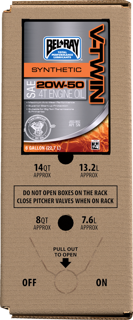 BEL-RAY V-Twin Synthetic Oil 20W-50 Part 303133150033 for Harley-Davidson Twin Cam & M8 Engines - 6 Gallon Bag-In-Box