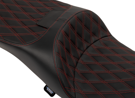 Drag Specialties Seats Extended Reach Freedom Seat for Harley FLHX, FLTRX, FLHR, and FLHTCU Models - Vinyl with Double Diamond and Red Stitch